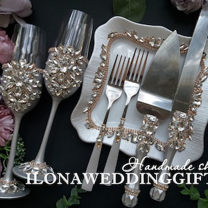 Silver Gold Wedding Flutes Plate Forks Bling Swarovski Crystals Personalized Champagne Glasses Bride and Groom Table Decor Sweet 16 Theme 15