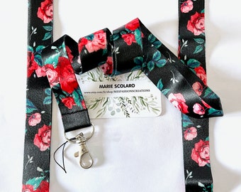 Neck strap, SLD Key ring cord, Lanyard, Bus card, Navigo Pass, Matching card holder.. Roses theme satin ecru background