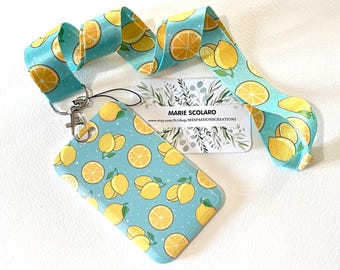 Tour de cou, Cordon porte clefs, Lanière, Carte de bus, Pass Navigo  ou  Porte badge/carte réf F1. Thème citron jaune