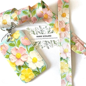 Correa para el cuello, llavero, cordón, tarjeta de autobús, pase Navigo + soporte para tarjeta/credencial... Tema de flores amarillas y rosas