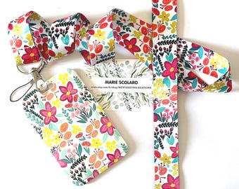 Tour de cou, Cordon porte clefs, Lanière, Carte de bus, Pass Navigo + Porte carte/badge  ... Thème fleurs  multicolores