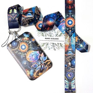 PRM DUO Tour de cou, + Porte badge/carte   réf 98  .. Thème rose bleue, soleil papillon astre