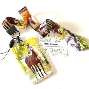 DUO Tour de cou, Cordon porte clefs, Lanière, Carte de bus, Pass Navigo + Porte carte/badge Thème Cheval