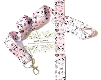 Neck strap, key ring cord, lanyard, bus card, Navigo pass or neck strap + card holder ref LM1 ... Pink Panda theme