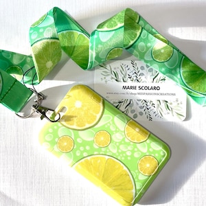 DUO Tour de cou, Cordon porte clefs, Lanière, Carte de bus, Pass Navigo  +  Porte badge/carte réf F6.. Thème citron VERT