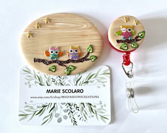 Badge + Reel for nurse, childcare assistant, midwife, caregiver... Owls on branch theme