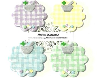 Pharmacist badge, flower shape, screen-printed Vicky design, magnetic fastener, choice of colors