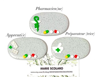 Pharmacy badge for Pharmacist, Pharmacy Technician, Apprentice, magnetic fastener, pebble-effect color, oblong shape