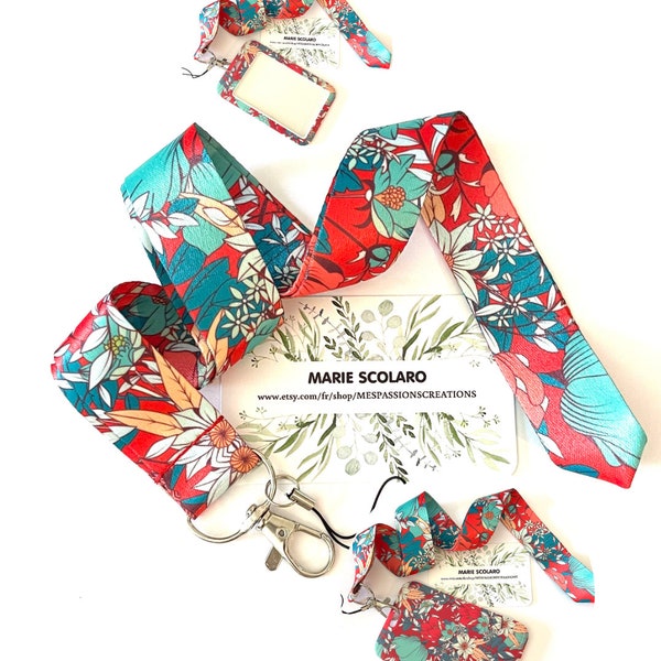 DUO Neck strap, Key ring cord, Lanyard, Bus card, Navigo Pass + Matching card holder Red and turquoise flower theme