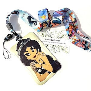 DUO Tour de cou, cordon porte clefs, carte de bus + porte carte assorti Thème Jasmine