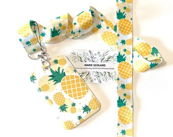 Tour de cou, Cordon porte clefs, Lanière, Carte de bus, Pass Navigo  ou Tc + Porte badge/carte réf F3.. Thème Ananas
