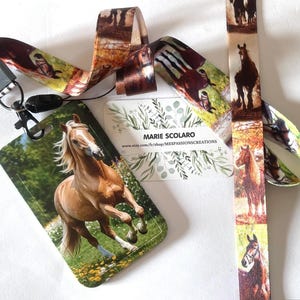 Correa para el cuello DUO, cordón para llavero, cordón, pase de autobús, pase Navigo + tarjetero/portatarjetas con temática de caballos.