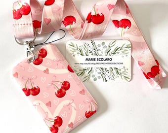 DUO Tour de cou, Cordon porte clefs, Lanière, Carte de bus, Pass Navigo  ou  Porte badge/carte réf F5.. Thème CERISES fond rose