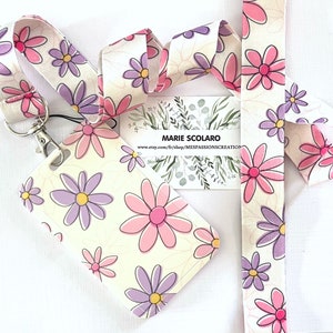 Tour de cou, Cordon porte clefs, Lanière, Carte de bus, Pass Navigo  + Porte carte/badge   réf 48 TP ... Thème fleurs rose et parme