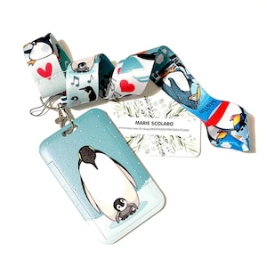 Duo Tour de cou, Cordon porte clefs, Lanière, Carte de bus, Pass Navigo + Porte carte/badge Réf 92 Thème Pingouin