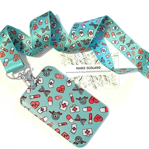 DUO Tour de cou, Cordon porte clefs, Lanière, Pass Navigo  ou porte carte/badge, cordon porte clefs,  Réf M4 Thème iNFIRMIER vert