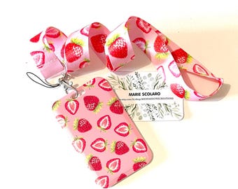 Tour de cou, Cordon porte clefs, Lanière, Carte de bus, Pass Navigo  ou  Porte badge/carte réf F8.. Thème FRAISES