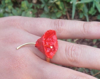 Red poppy flower ring golden version, elegant and faminine, spring and summer style, FREE SHIPPING, gift for woman, made in Italy