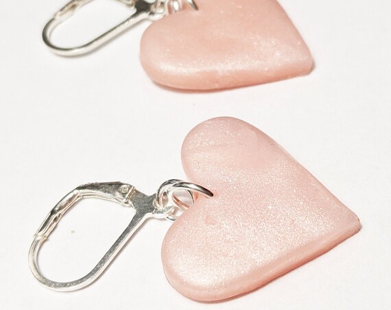 Rose quartz heart dangle earrings made in sterling silver and polymer clay, an elegant gift idea for her
