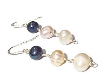 Pendant earrings in sterling silver and pink, white and blue freshwater pearls, and elegant jewel, gift idea for her made in Italy