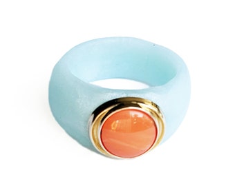 Handmade Candy ring with a contemporary design, orange and light blue quartz in polymer clay and jewel buttons, a chunky jewel made in italy