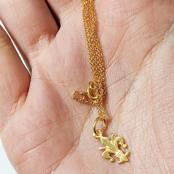 Fleur de Lis pendant necklace with gold plated sterling silver chain, made in Italy