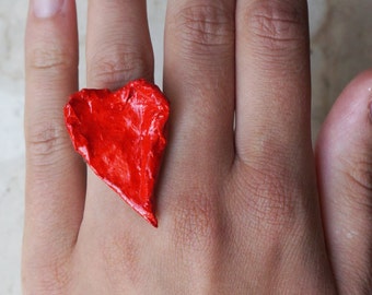 Red heart ring, handmade, made of paper mache, ceramic effect, gift ideas for her