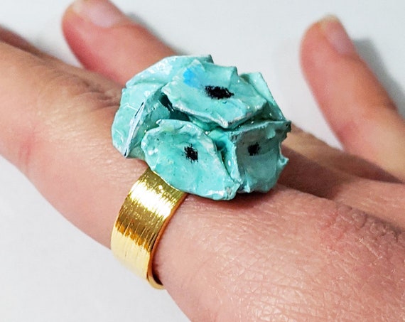 Light blue flowers ring, handmade in papier mache and resin - elegant and feminine, a gift for woman made in Italy, very elegant