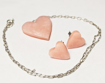Set orecchini e girocollo a cuore in argento 925 e pasta polimerica effetto quarzo rosa, idea regalo per lei elegante made in Italy