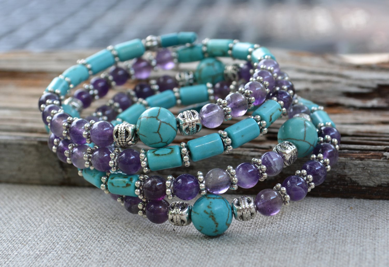 Amethyst memory wire bracelet turquoise wrap bracelet boho Etsy