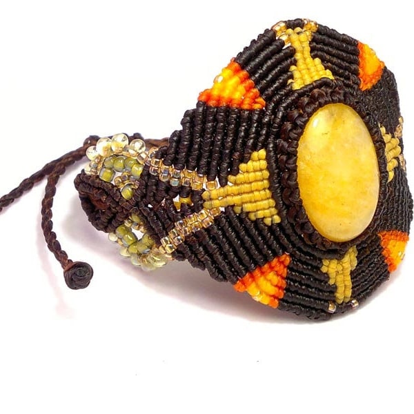 brown & yellow aztec macrame cuff bracelet with quartz and toho seed beads