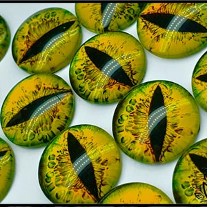 May include: A collection of round glass cabochons featuring a detailed yellow and green iris pattern with a prominent black vertical slit pupil. Each piece has a smooth, domed surface that creates a realistic eye effect with light reflections.