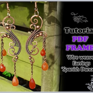 Peut inclure: Tutoriel PDF pour des boucles d'oreilles en fil de fer sur le thème de la danse espagnole. Les boucles d'oreilles sont réalisées en fil de cuivre et ornées de gouttes de pierres précieuses orange. Le tutoriel comprend un motif de tissage de fil et des instructions.