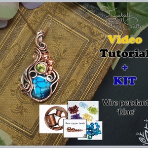Kit + VIDEO Tutorial - Blue - wire weaving pattern - pendant tutorial - wire pendant