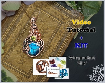 Kit + VIDEO Tutorial - Blue - wire weaving pattern - pendant tutorial - wire pendant
