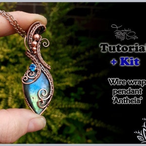 Kit + VIDEO tutorial - 'Antheia' - Labradorite wire wrap pendant - wire weaving pattern - Copper wire & gemstone kit