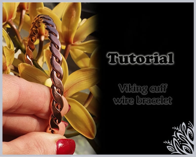 May include: A copper wire bracelet with a braided design. The bracelet is shown on a person's wrist. The image includes the text "Tutorial Viking cuff wire bracelet".