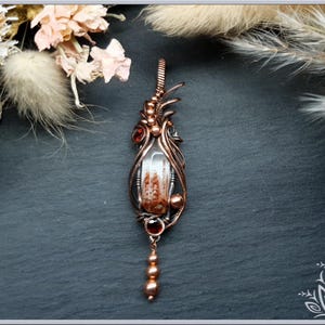 Copper wire pendant - phantom quartz & garnet - 'Caer'