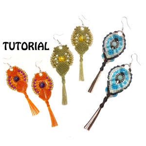 May include: An assortment of handmade macrame earrings in various colors. The earrings feature intricate knotwork, beads, and tassels. The word "TUTORIAL" is written in black text. The earrings are displayed on a white background.