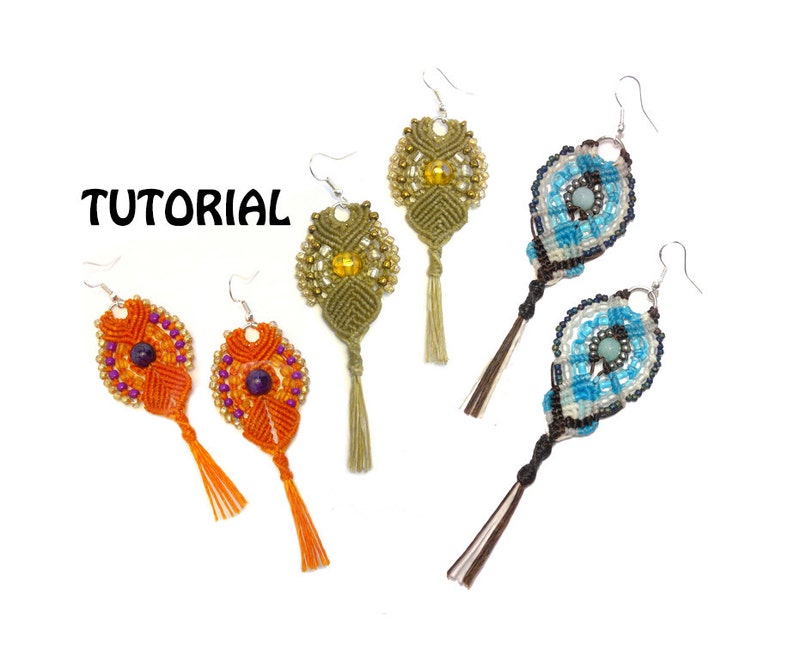 May include: An assortment of handmade macrame earrings in various colors. The earrings feature intricate knotwork, beads, and tassels. The word "TUTORIAL" is written in black text. The earrings are displayed on a white background.