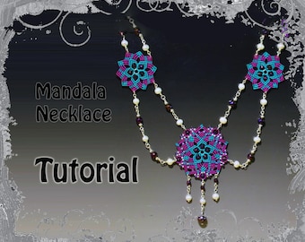 May include: A turquoise and purple mandala necklace with white pearl beads and a silver chain. The necklace has three mandalas, one of which is a pendant. The text "Mandala Necklace Tutorial" is visible in the image.