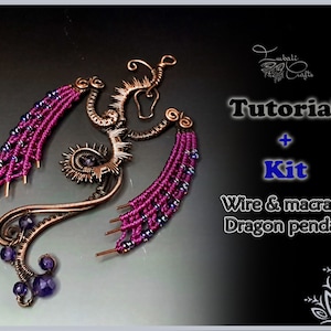 KIT + pdf tutorial 'Dragon' - Wire & micro macrame - macrame pattern - wire pattern - necklace tutorial - dragon necklace
