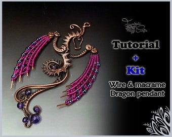 KIT + pdf tutorial 'Dragon' - Wire & micro macrame - macrame pattern - wire pattern - necklace tutorial - dragon necklace