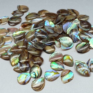Könnte beinhalten: Ein Haufen von irisierenden Perlmutt-Cabochons in Tropfenform aus Abalone-Schale. Die Cabochons sind in den Farben Braun, Grün und Blau gehalten.