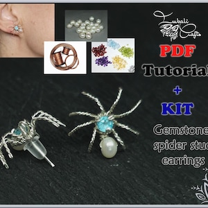 May include: A PDF tutorial and kit to make gemstone spider stud earrings. The kit includes wire, beads, and gemstones. The image shows a pair of finished earrings with a blue gemstone and a pearl.
