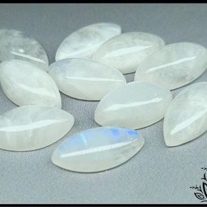 May include: A collection of nine marquise-cut moonstone cabochons with a smooth, polished surface. Each gemstone features a translucent white appearance with subtle internal inclusions and a soft, iridescent blue adularescence visible on the surface.