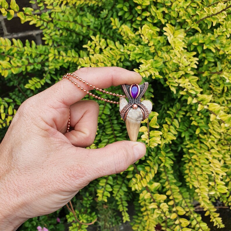K&ouml;nnte beinhalten: Ein Anh&auml;nger aus Kupferdraht, der ein zahnf&ouml;rmiges Knochenst&uuml;ck mit einem violetten Edelstein in einer Krone aus Kupferdraht umh&uuml;llt.