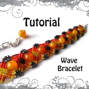 May include: A tutorial for making a wave bracelet with orange and black cord and orange beads. The bracelet has a silver clasp.
