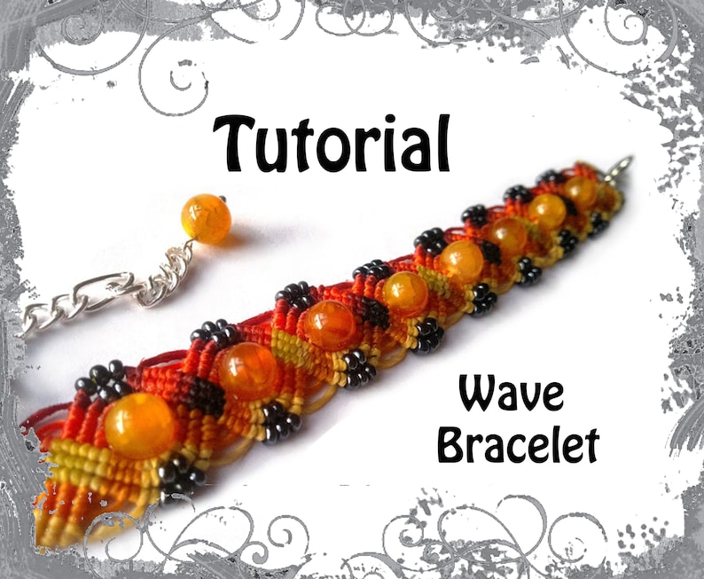 Puede incluir: Un tutorial para hacer un brazalete de onda con cord&oacute;n naranja y negro y cuentas naranjas. El brazalete tiene un cierre plateado.