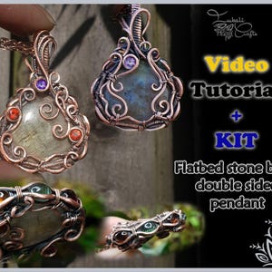 May include: Close-up of copper wire-wrapped pendants with gemstones. One pendant has a light green stone with orange and purple accents. The other pendant has a blue stone with purple accents. The image also includes text that says "Video Tutorial + KIT".